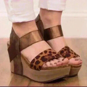 Pierre Dumas Chantel Leopard Cheetah Brown and Beige Wedges